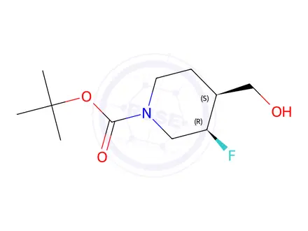 Chemical structure of tert-butyl (3R,4S)-3-fluoro-4-(hydroxymethyl)piperidine-1-carboxylate