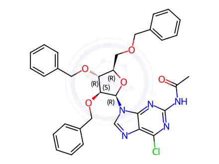 Chemical structure of 2-ACETAMIDO-9-(2,3,5-TRI-O-BENZYL-BETA-D-ARABINOFURANOSYL)-6-CHLORO-9H-PURINE