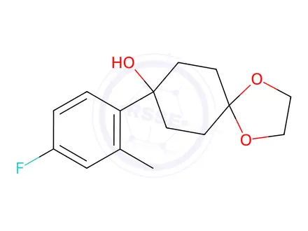 Chemical structure of 8-(4-fluoro-2-methylphenyl)-1,4-dioxaspiro[4.5]decan-8-ol