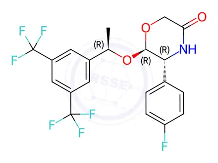 Chemical structure of (5R,6R)-6-[(1R)-1-[3,5-Bis(trifluoromethyl)phenyl]ethoxy]-5-(4-fluorophenyl)-3-morpholinone