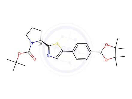 Chemical structure of tert-Butyl (S)-2-(5-(4-(4,4,5,5-tetramethyl-1,3,2-dioxaborolan-2-yl)phenyl)thiazol-2-yl)pyrrolidine-1-carboxylate