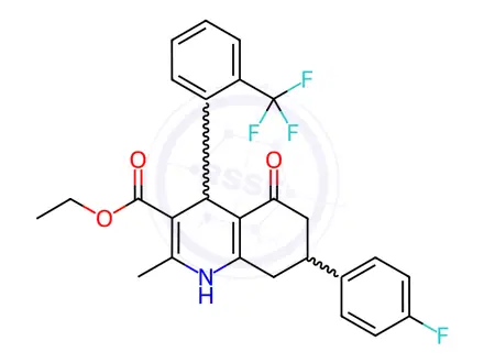 Chemical structure of Ethyl 7-(4-fluorophenyl)-2-methyl-5-oxo-4-(2-(trifluoromethyl)phenyl)-1,4,5,6,7,8-hexahydroquinoline-3-carboxylate