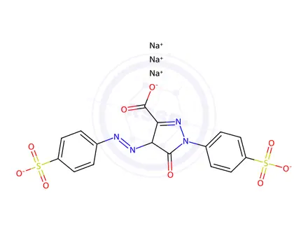 Chemical structure of trisodium 5-oxo-1-(4-sulfonatophenyl)-4-(4-sulfonatophenyl)diazenyl-4H-pyrazole-3-carboxylate