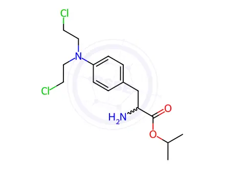 Chemical structure of DL-Phenylalanine, 4-[bis(2-chloroethyl)amino]-, 1-methylethyl ester, monohydrochloride; Sarcolysine isopropyl ester; isopropyl 2-amino-3-(4-(bis(2-chloroethyl)amino)phenyl)propanoate