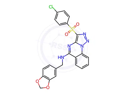 Chemical structure of N-(benzo[d][1,3]dioxol-5-ylmethyl)-3-((4-chlorophenyl)sulfonyl)-[1,2,3]triazolo[1,5-a]quinazolin-5-amine
