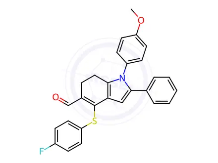 Chemical structure of 4-[(4-Fluorophenyl)sulfanyl]-1-(4-methoxyphenyl)-2-phenyl-6,7-dihydro-1H-indole-5-carbaldehyde