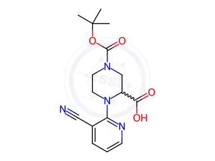 Chemical structure of 4-(tert-butoxycarbonyl)-1-(3-cyanopyridin-2-yl)piperazine-2-carboxylic acid