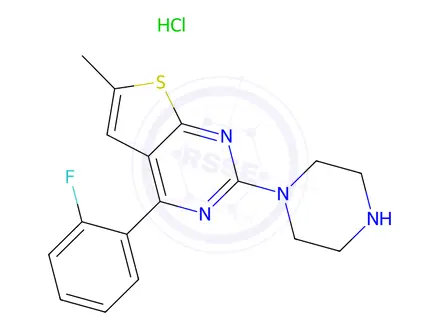Chemical structure of 4-(2-Fluorophenyl)-6-methyl-2-(piperazin-1-yl)thieno[2,3-d]pyrimidine hydrochloride