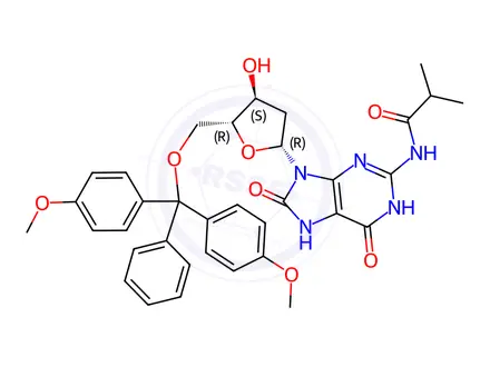 Chemical structure of 5’-O-(Dimethoxytrityl)-8-Oxo-N2-isobutyryl-2’-deoxyguanosine