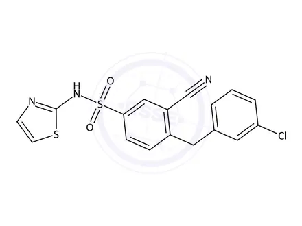 Chemical structure of 4-(3-Chlorobenzyl)-3-cyano-N-(thiazol-2-yl)benzenesulfonamide