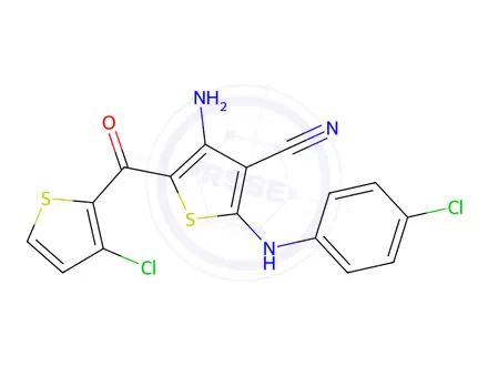 Chemical structure of 4-Amino-2-((4-chlorophenyl)amino)-5-(3-chlorothiophene-2-carbonyl)thiophene-3-carbonitrile