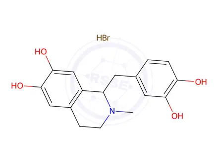 Chemical structure of (±)-1-[(3,4-dihydroxyphenyl)methyl]-1,2,3,4-tetrahydro-2-methylisoquinoline-6,7-diol hydrobromide