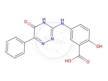 Chemical structure of 2-Hydroxy-5-((5-oxo-6-phenyl-4,5-dihydro-1,2,4-triazin-3-yl)amino)benzoic acid