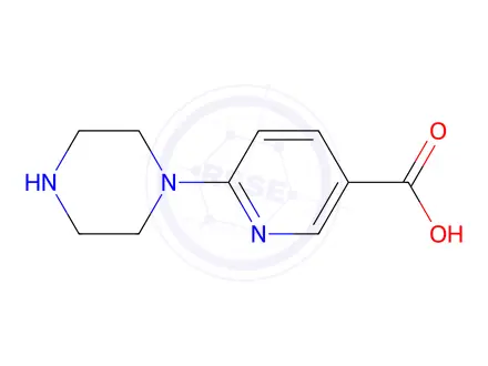 Chemical structure of 3-Pyridinecarboxylic acid, 6-(1-piperazinyl)-, hydrochloride (1:2)