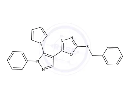 Chemical structure of 2-(Benzylthio)-5-(1-phenyl-5-(1H-pyrrol-1-yl)-1H-pyrazol-4-yl)-1,3,4-oxadiazole