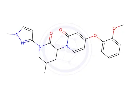Chemical structure of 2-(4-(2-Methoxyphenoxy)-2-oxopyridin-1(2H)-yl)-4-methyl-N-(1-methyl-1H-pyrazol-3-yl)pentanamide