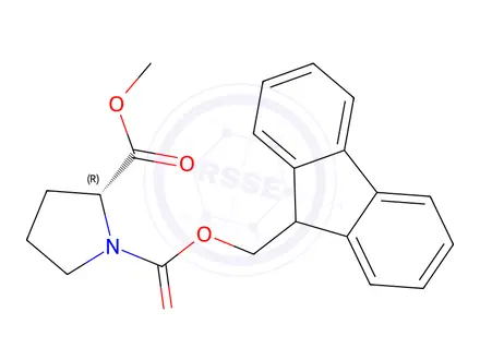 Chemical structure of (R)-1-((9H-Fluoren-9-yl)methyl) 2-methyl pyrrolidine-1,2-dicarboxylate