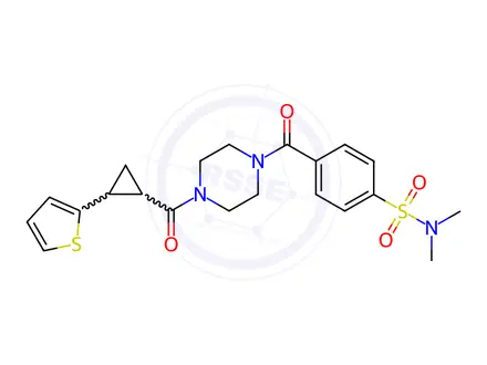 Chemical structure of N,N-Dimethyl-4-(4-(2-(thiophen-2-yl)cyclopropane-1-carbonyl)piperazine-1-carbonyl)benzenesulfonamide