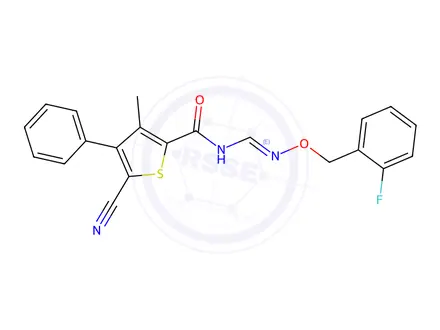 Chemical structure of 5-Cyano-N-[(1E)-{[(2-fluorophenyl)methoxy]imino}methyl]-3-methyl-4-phenylthiophene-2-carboxamide