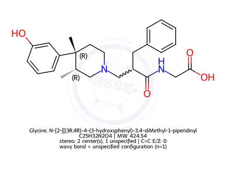 Chemical structure of Glycine, N-[2-[[(3R,4R)-4-(3-hydroxyphenyl)-3,4-diMethyl-1-piperidinyl]Methyl]-1-oxo-3-phenylpropyl]-, rel-(9CI)