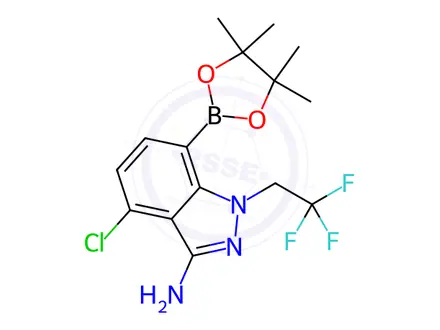 Chemical structure of 4-Chloro-7-(4,4,5,5-tetramethyl-1,3,2-dioxaborolan-2-yl)-1-(2,2,2-trifluoroethyl)-1H-indazol-3-amine