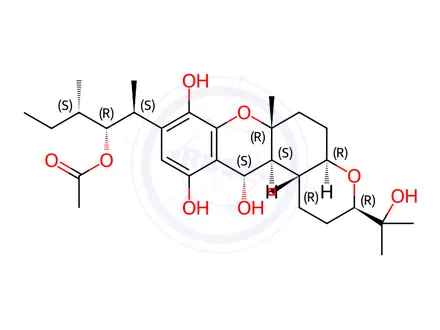 Chemical structure of (3R,12aβ)-1,2,3,4aβ,5,6,6a,12,12a,12b-Decahydro-3α-(1-methyl-1-hydroxyethyl)-6aα,12bα-dimethyl-9-[(1R,2R,3S)-1,3-dimethyl-2-acetoxypentyl]pyrano[3,2-a]xanthene-8,11,12β-triol