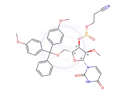 Chemical structure of (2R,3R,4R,5R)-2-((bis(4-methoxyphenyl)(phenyl)methoxy)methyl)-5-(2,4-dioxo-3,4-dihydropyrimidin-1(2H)-yl)-4-methoxytetrahydrofuran-3-yl (2-cyanoethyl) phosphonate