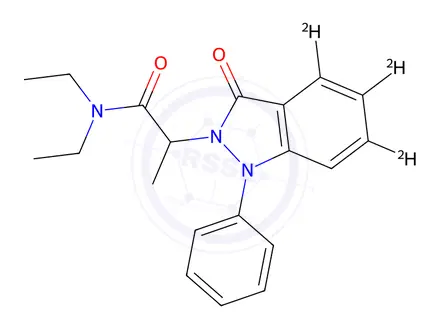 Chemical structure of N,N-Diethyl-1,3-dihydro-α-methyl-3-oxo-1-phenyl-2H-indazole-2-acetamide-d3