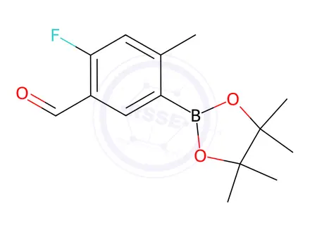 Chemical structure of 2-Fluoro-4-methyl-5-(4,4,5,5-tetramethyl-1,3,2-dioxaborolan-2-yl)benzaldehyde
