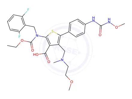 Chemical structure of 2-((2,6-Difluorobenzyl)(ethoxycarbonyl)amino)-4-(((2-methoxyethyl)(methyl)amino)methyl)-5-(4-(3-methoxyureido)phenyl)thiophene-3-carboxylic acid