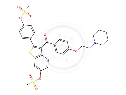 Chemical structure of 4-(6-((methylsulfonyl)oxy)-3-(4-(2-(piperidin-1-yl)ethoxy)benzoyl)benzo[b]thiophen-2-yl)phenyl methanesulfonate