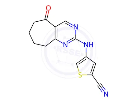Chemical structure of 4-((5-Oxo-6,7,8,9-tetrahydro-5H-cyclohepta[d]pyrimidin-2-yl)amino)thiophene-2-carbonitrile