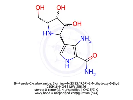 Chemical structure of 1H-Pyrrole-2-carboxamide, 3-amino-4-(2S,3S,4R,5R)-3,4-dihydroxy-5-(hydroxymethyl)-2-pyrrolidinyl-