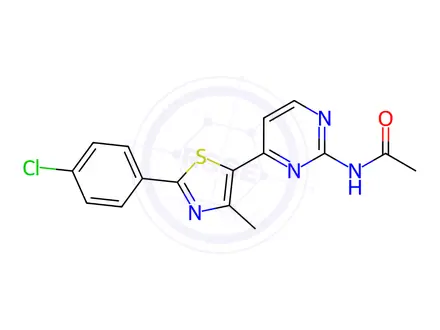 Chemical structure of N-{4-[2-(4-chlorophenyl)-4-methyl-1,3-thiazol-5-yl]pyrimidin-2-yl}acetamide
