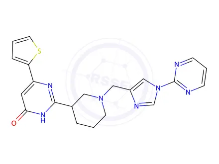 Chemical structure of (S)-2-(1-((1-(pyrimidin-2-yl)-1H-imidazol-4-yl)methyl)piperidin-3-yl)-6-(thiophen-2-yl)pyrimidin-4(3H)-one