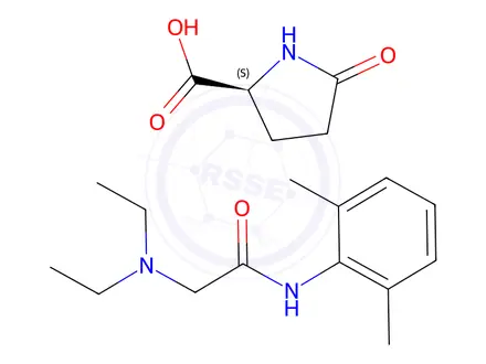 Chemical structure of 5-oxo-L-proline, compound with 2-(diethylamino)-N-(2,6-xylyl)acetamide (1:1)