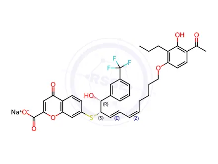 Chemical structure of Sodium 7-(((1R,2S,3E,5Z)-10-(4-acetyl-3-hydroxy-2-propylphenoxy)-1-hydroxy-1-(3-(trifluoromethyl)phenyl)deca-3,5-dien-2-yl)thio)-4-oxo-4H-chromene-2-carboxylate