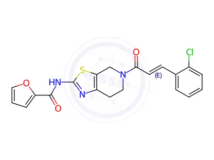 Chemical structure of N-(5-(3-(2-Chlorophenyl)acryloyl)-4,5,6,7-tetrahydrothiazolo[5,4-c]pyridin-2-yl)furan-2-carboxamide