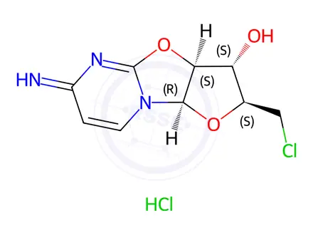 Chemical structure of 2-(chloromethyl)-6-imino-2,3,3a,9a-tetrahydro-6H-furo[2',3':4,5]oxazolo[3,2-a]pyrimidin-3-ol