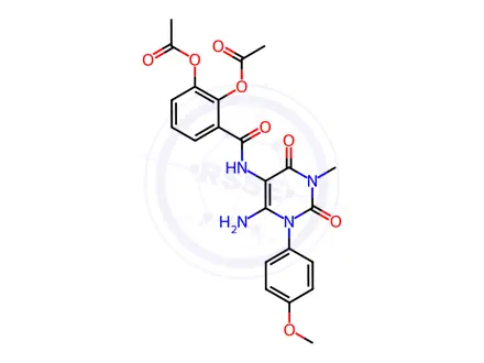 Chemical structure of 3-((6-Amino-1-(4-methoxyphenyl)-3-methyl-2,4-dioxo-1,2,3,4-tetrahydropyrimidin-5-yl)carbamoyl)-1,2-phenylene diacetate