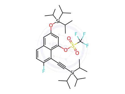 Chemical structure of Methanesulfonic acid, 1,1,1-trifluoro-, 7-fluoro-8-[2-[tris(1-methylethyl)silyl]ethynyl]-3-[[tris(1-methylethyl)silyl]oxy]-1-naphthalenyl ester