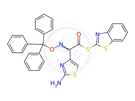 Chemical structure of 2-mercapto-1,3-benzothiazolyl-(z)-2-trityloxyiminothio acetate (BAEM)