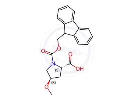 Chemical structure of (2S,4R)-1-{[(9H-fluoren-9-yl)methoxy]carbonyl}-4-methoxypyrrolidine-2-carboxylic acid