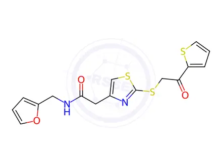 Chemical structure of N-(Furan-2-ylmethyl)-2-(2-((2-oxo-2-(thiophen-2-yl)ethyl)thio)thiazol-4-yl)acetamide