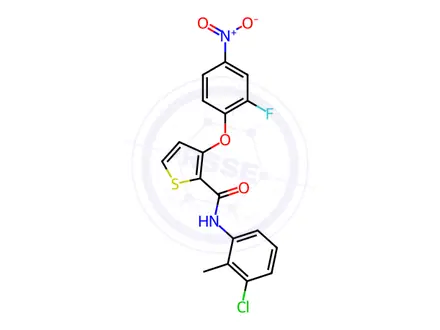 Chemical structure of N-(3-chloro-2-methylphenyl)-3-(2-fluoro-4-nitrophenoxy)thiophene-2-carboxamide