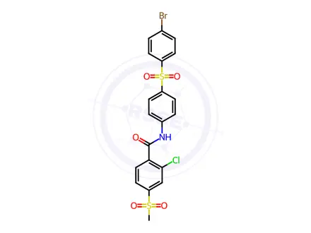 Chemical structure of N-(4-((4-bromophenyl)sulfonyl)phenyl)-2-chloro-4-(methylsulfonyl)benzamide