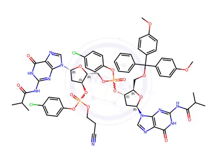 Chemical structure of 3'-Guanylic acid, 5'-O-[bis(4-methoxyphenyl)phenylmethyl]-P-(4-chlorophenyl)-2'-deoxy-N-(2-methyl-1-oxopropyl)guanylyl-(3'->5')-2'-deoxy-N-(2-methyl-1-oxopropyl)-, 4-chlorophenyl 2-cyanoethyl ester