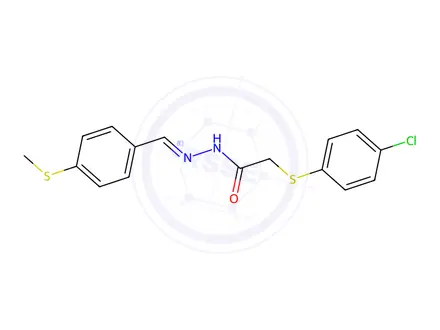 Chemical structure of (E)-2-((4-chlorophenyl)thio)-N'-(4-(methylthio)benzylidene)acetohydrazide