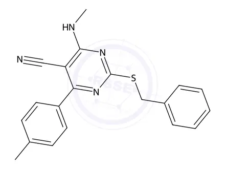 Chemical structure of 2-(Benzylthio)-4-(methylamino)-6-(p-tolyl)pyrimidine-5-carbonitrile