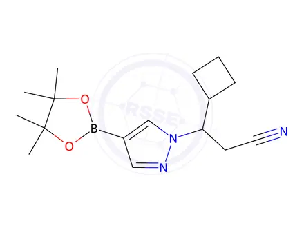Chemical structure of 3-Cyclobutyl-3-(4-(4,4,5,5-tetramethyl-1,3,2-dioxaborolan-2-yl)-1H-pyrazol-1-yl)propanenitrile